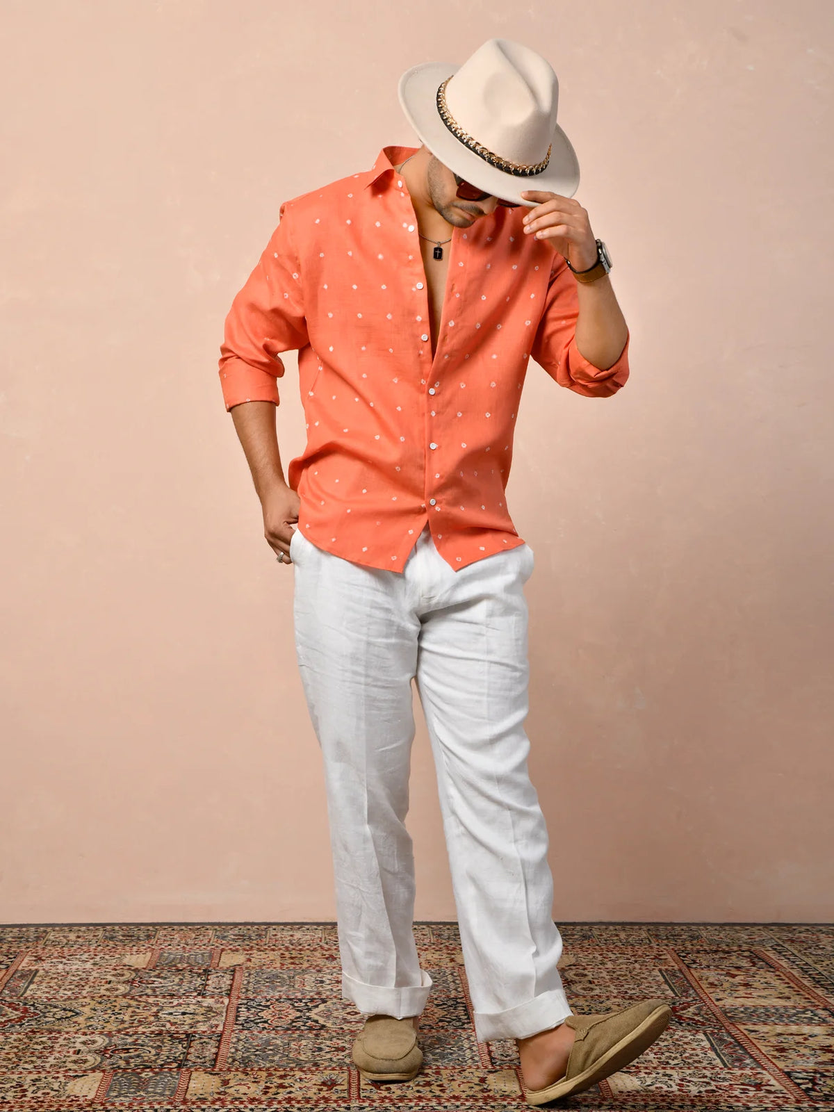 Bandhani Orange Pure Linen Shirt