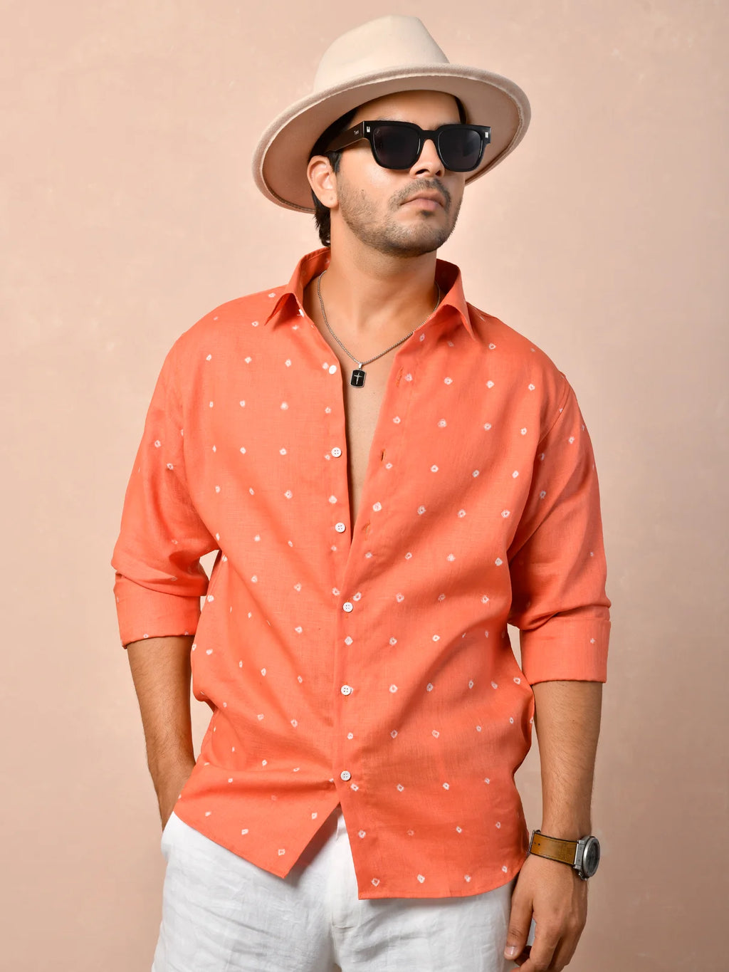 Bandhani Orange Pure Linen Shirt