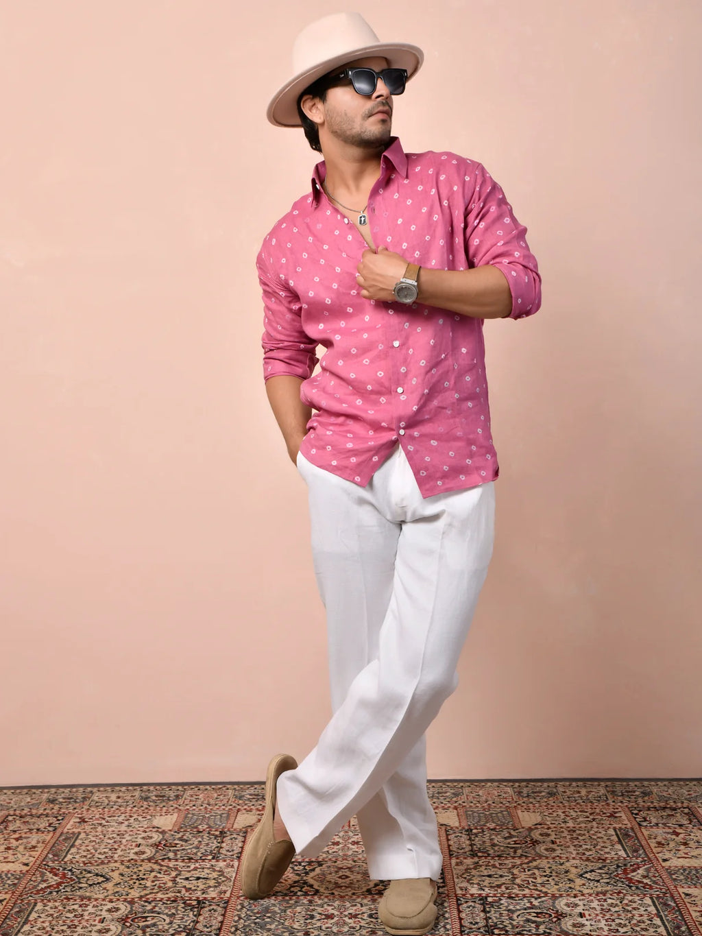 Bandhej Dusty Rose Pink Pure Linen Shirt