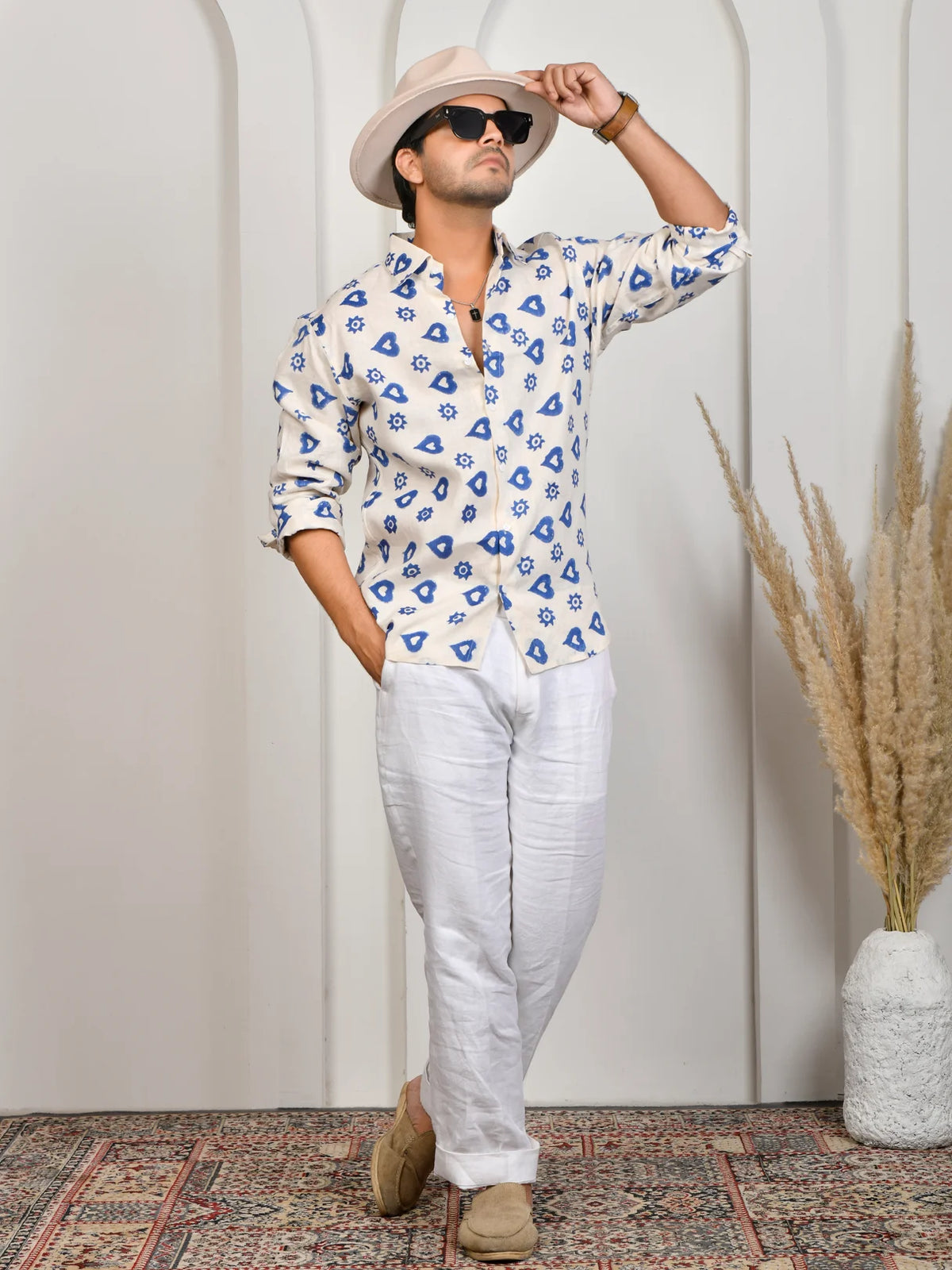Block Print Blue Pure Linen Shirt