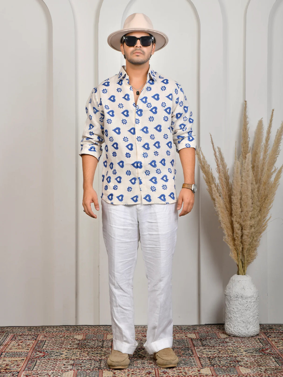 Block Print Blue Pure Linen Shirt