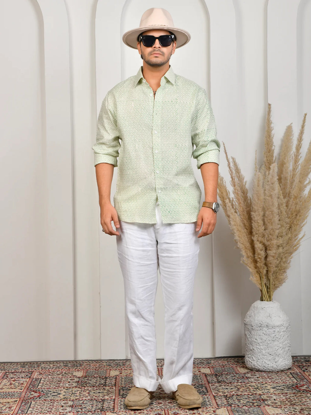 Block Print Green Pure Linen Shirt