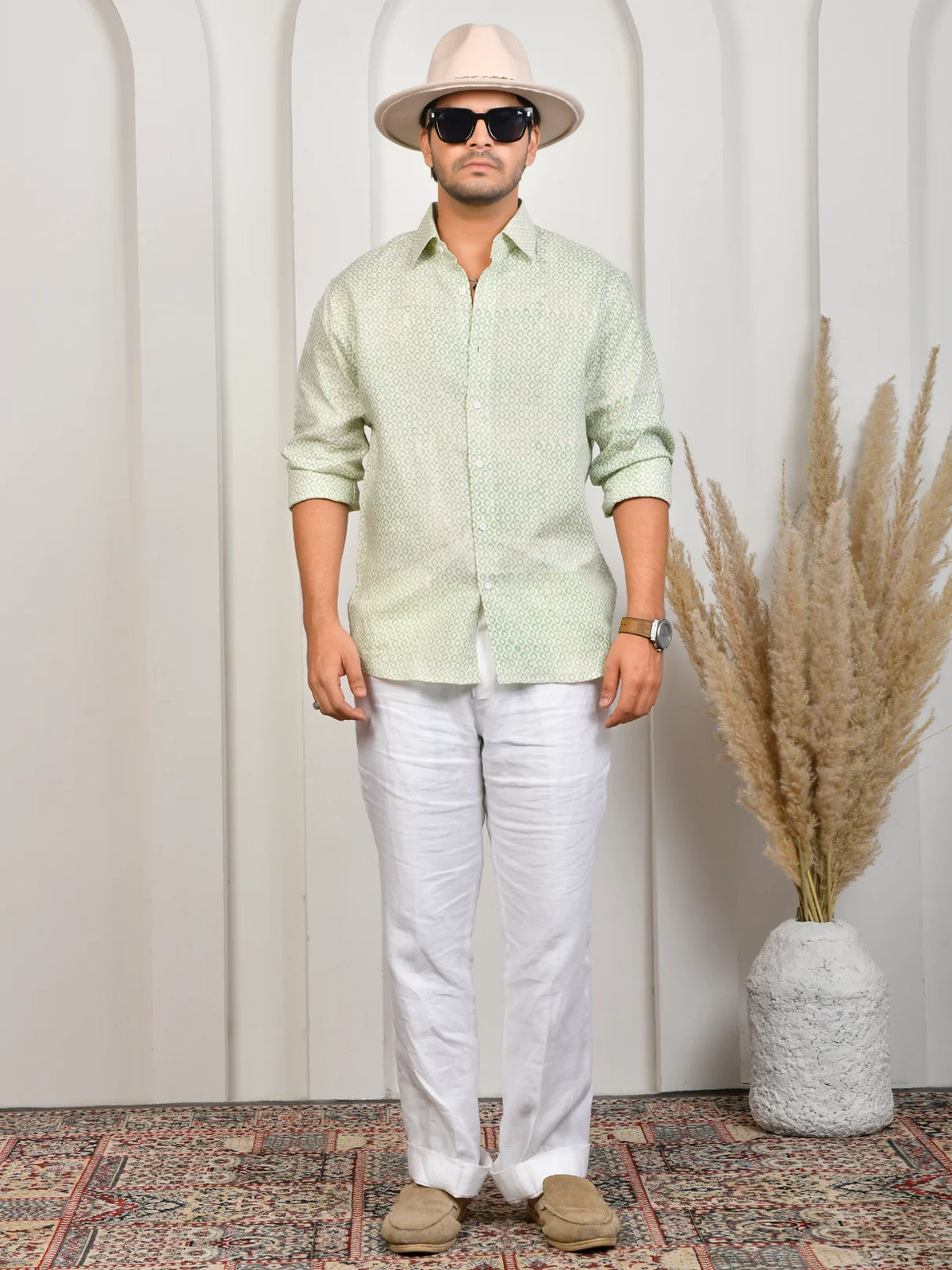 Block Print Green Pure Linen Shirt