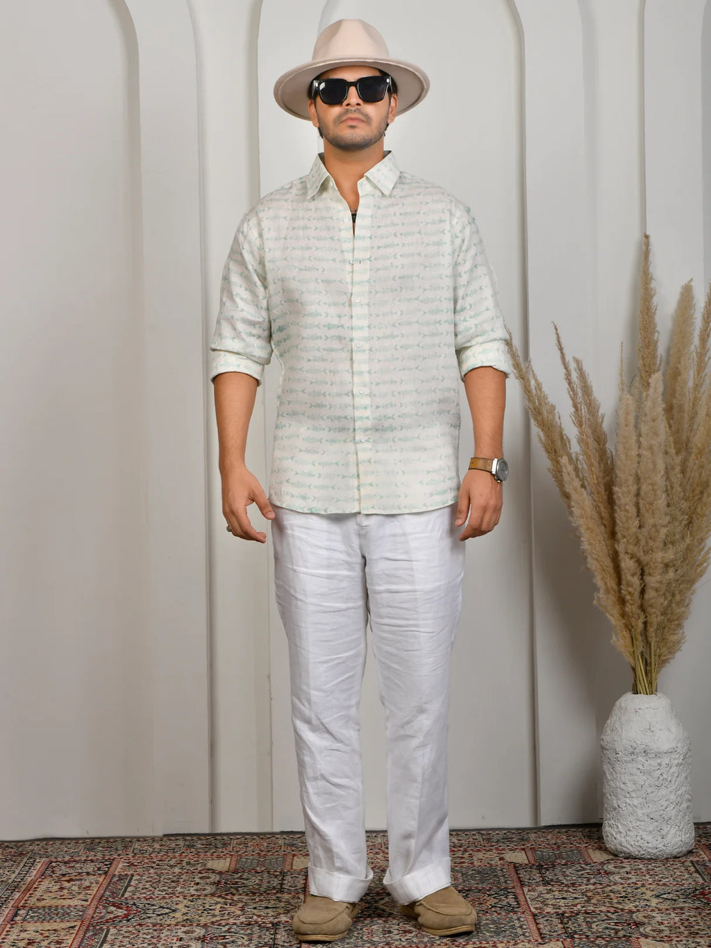 Fish Block Print Green Pure Linen Shirt