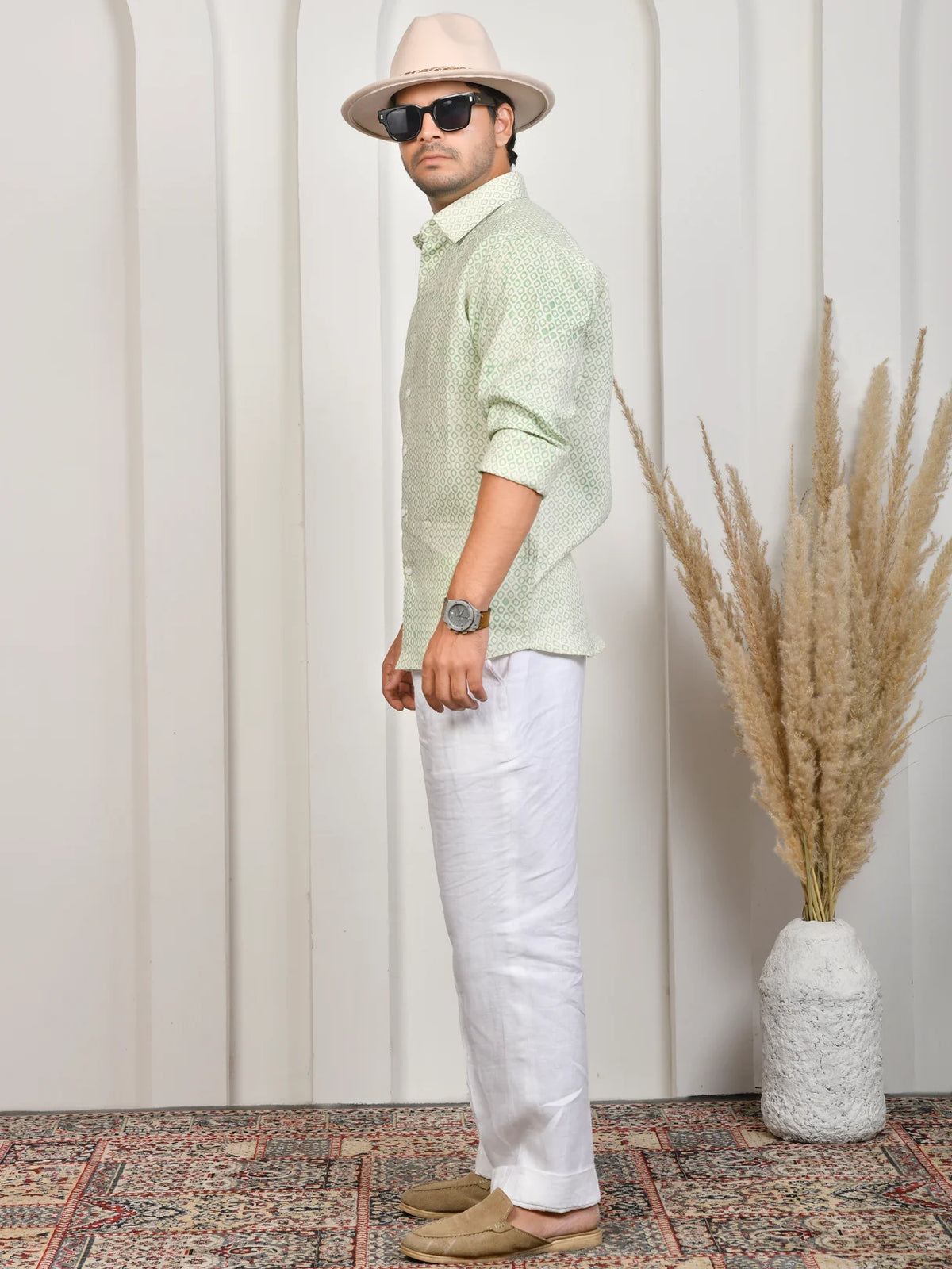 Block Print Green Pure Linen Shirt