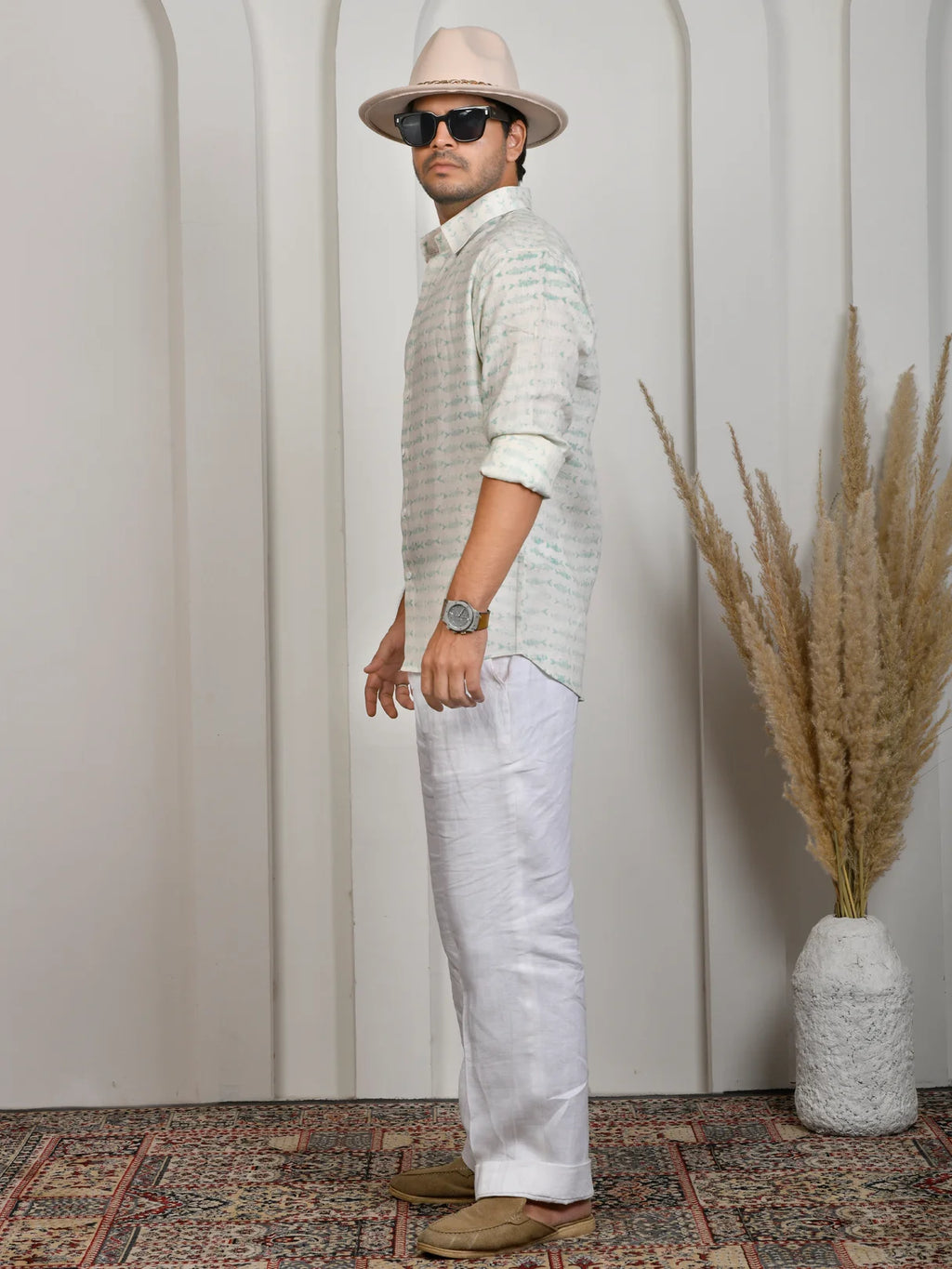 Fish Block Print Green Pure Linen Shirt
