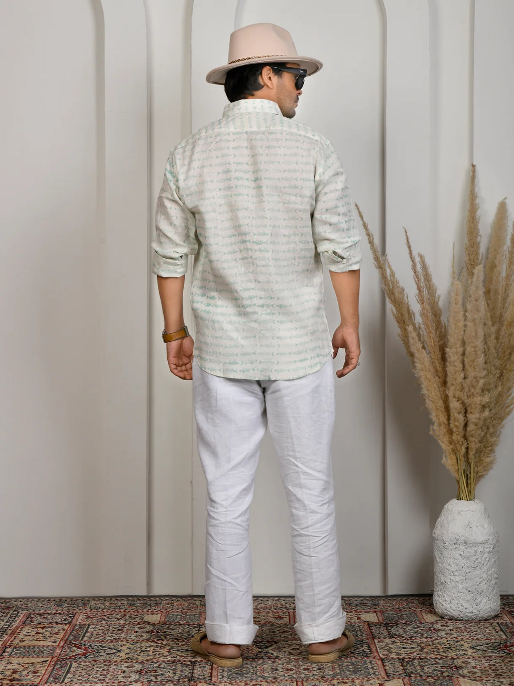 Fish Block Print Green Pure Linen Shirt