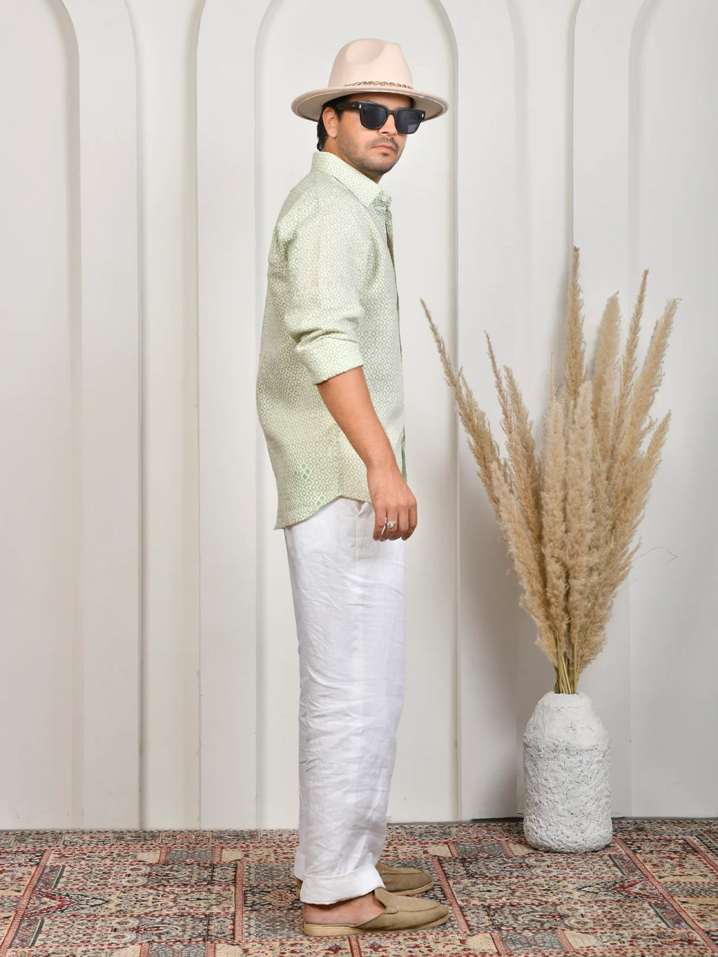 Block Print Green Pure Linen Shirt