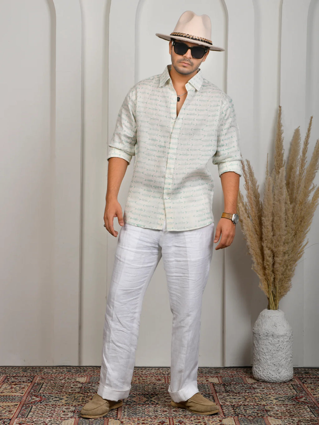 Fish Block Print Green Pure Linen Shirt