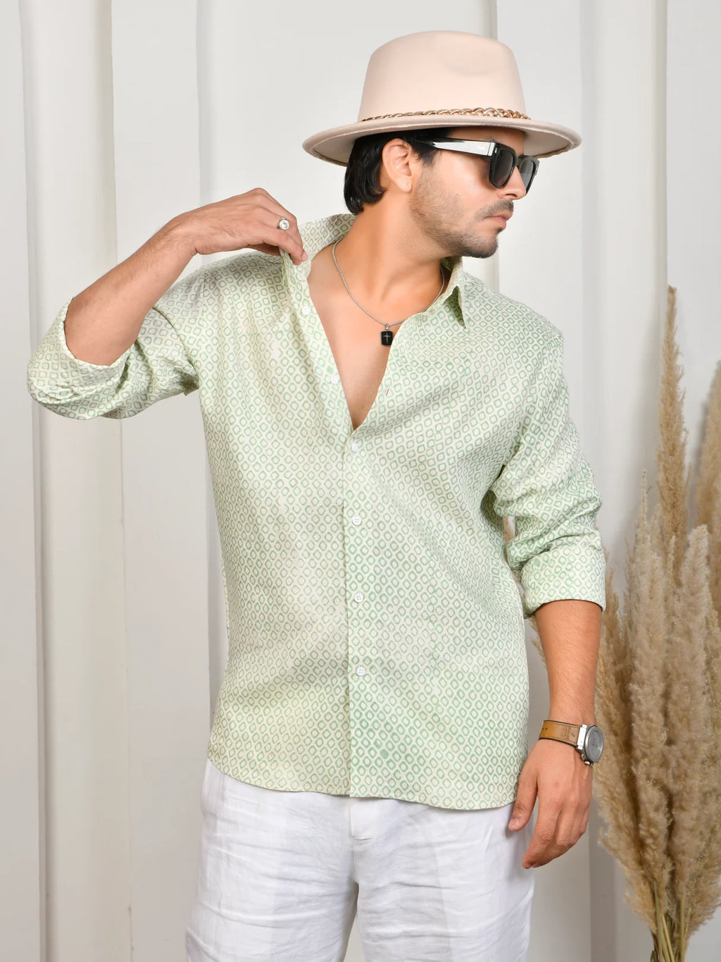 Block Print Green Pure Linen Shirt
