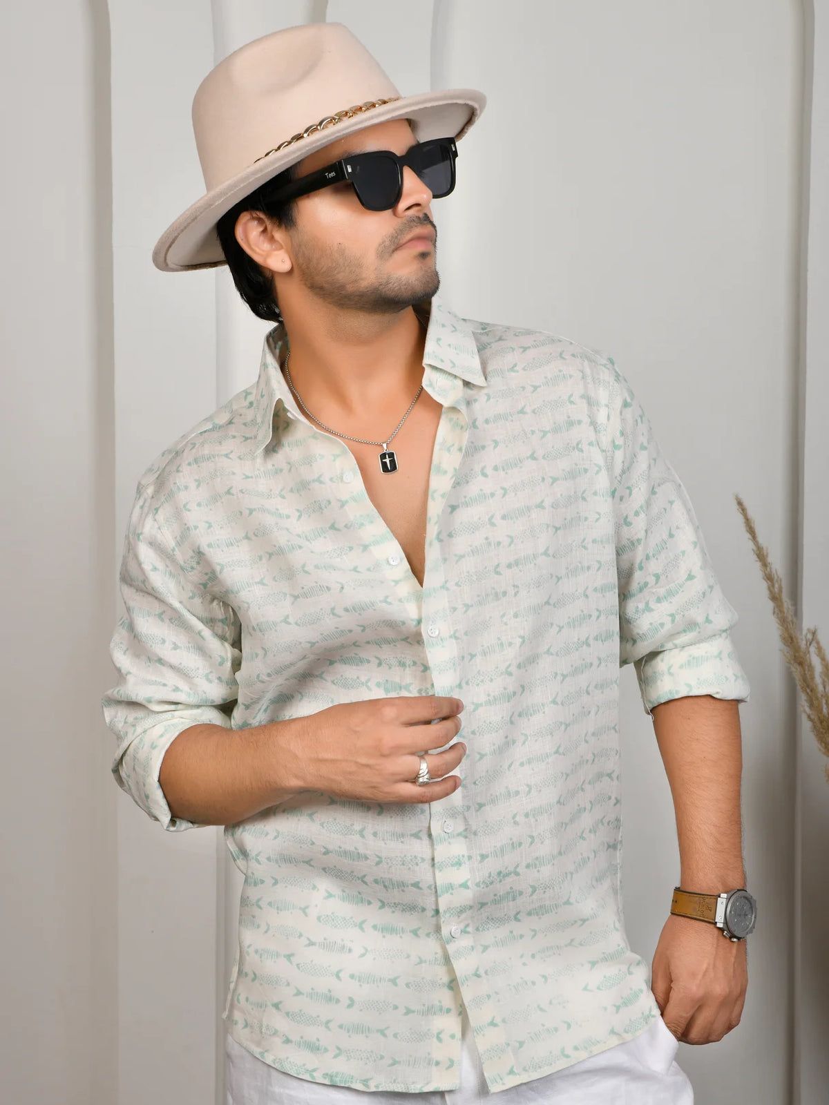 Fish Block Print Green Pure Linen Shirt