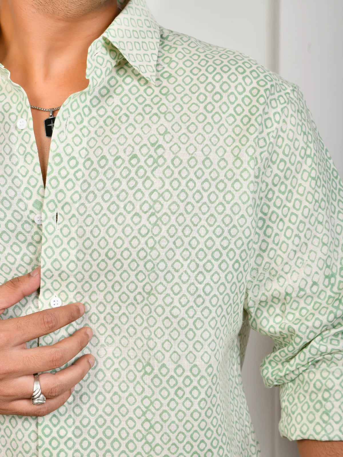 Block Print Green Pure Linen Shirt