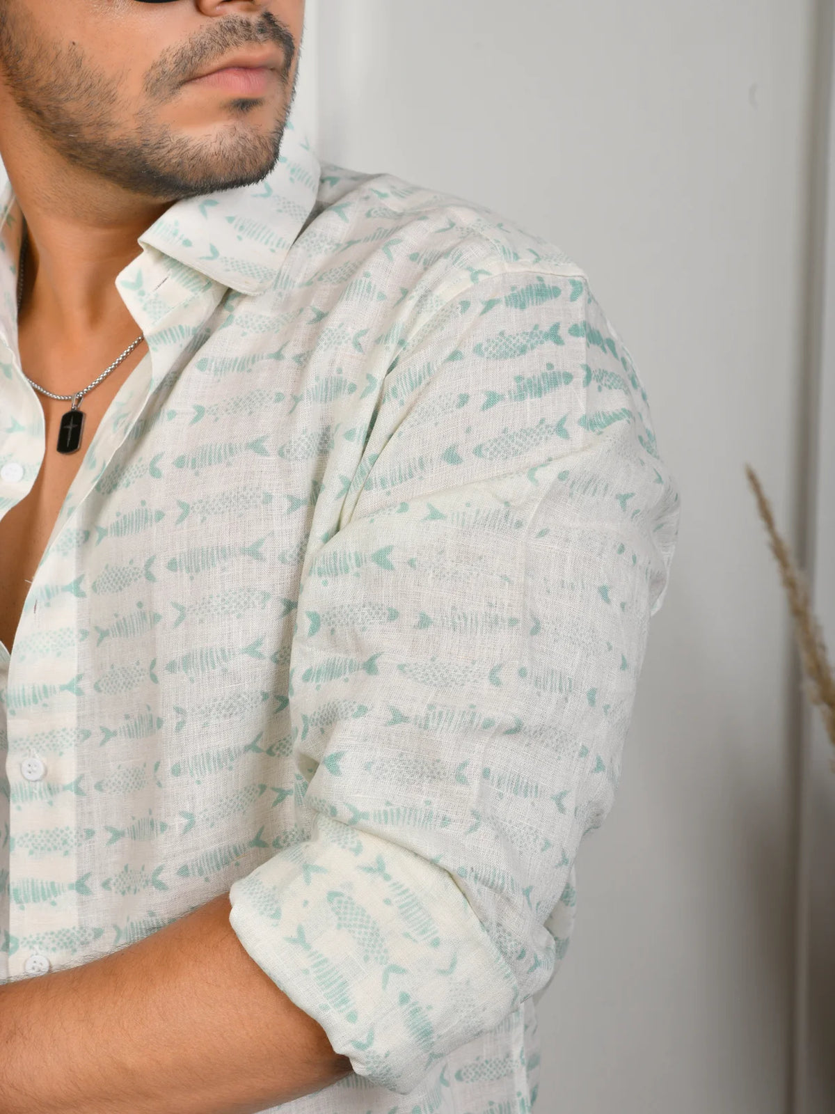Fish Block Print Green Pure Linen Shirt