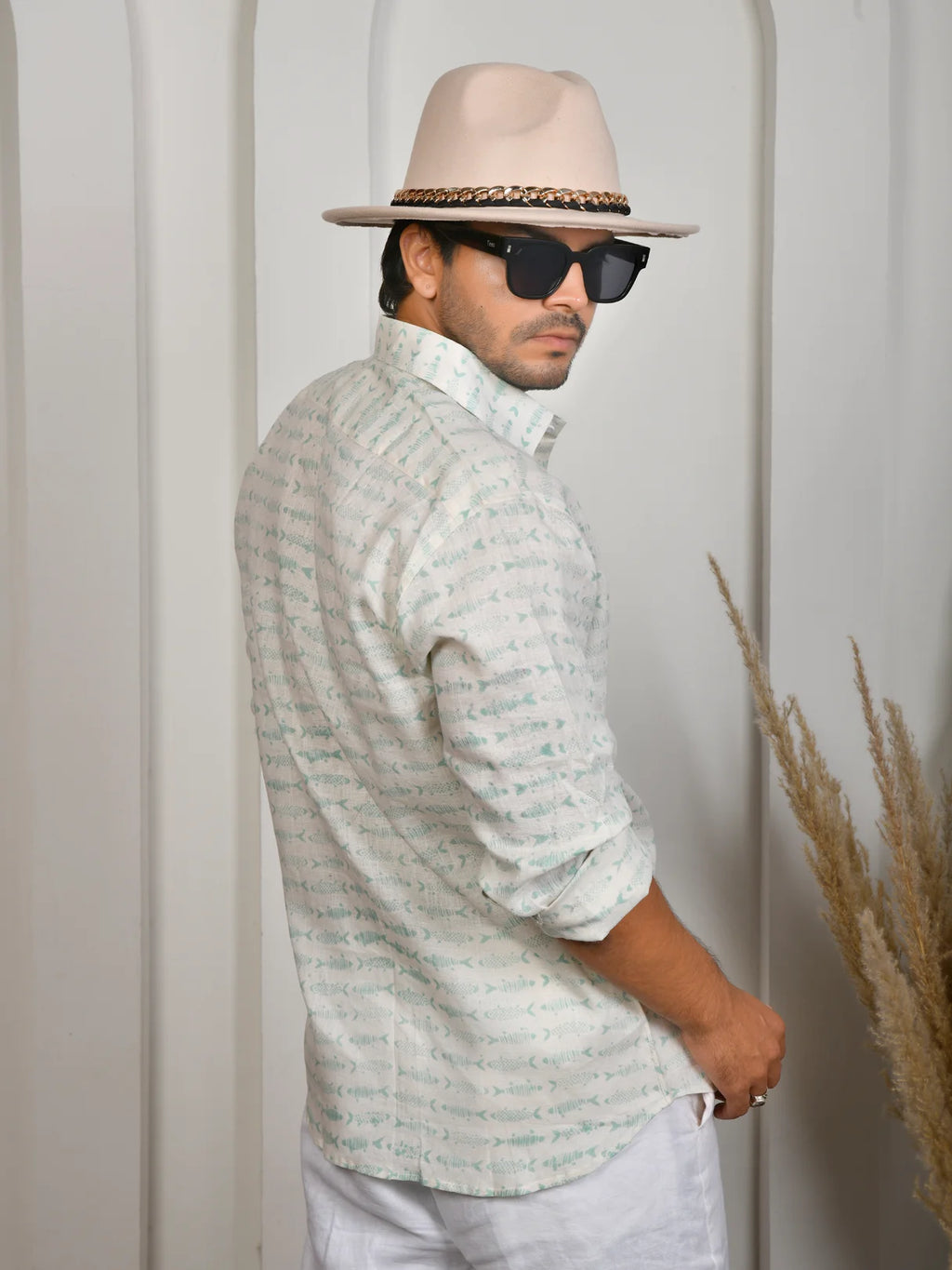 Fish Block Print Green Pure Linen Shirt