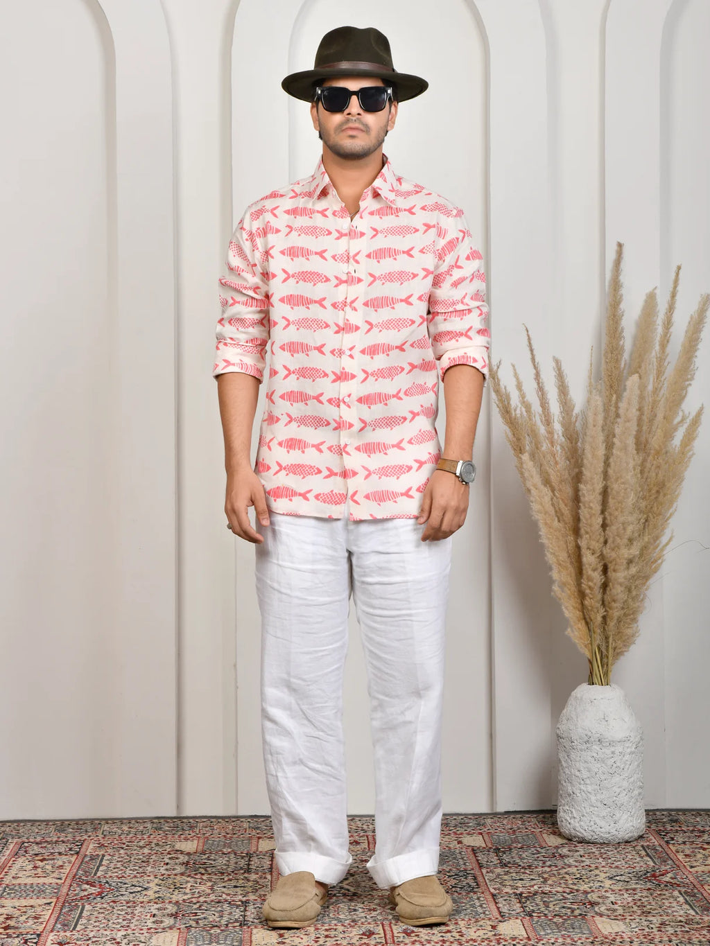 Fish Block Print White & Pink Pure Linen Shirt