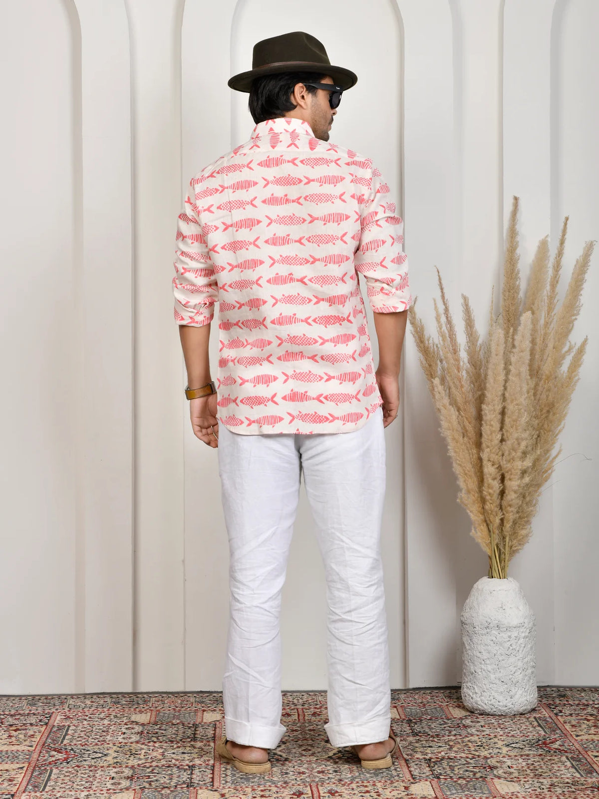 Fish Block Print White & Pink Pure Linen Shirt
