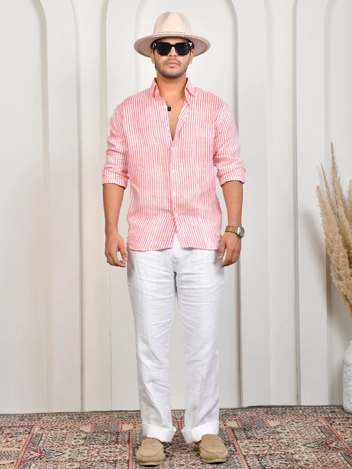 Block Print Pink Stripe Pure Linen Shirt