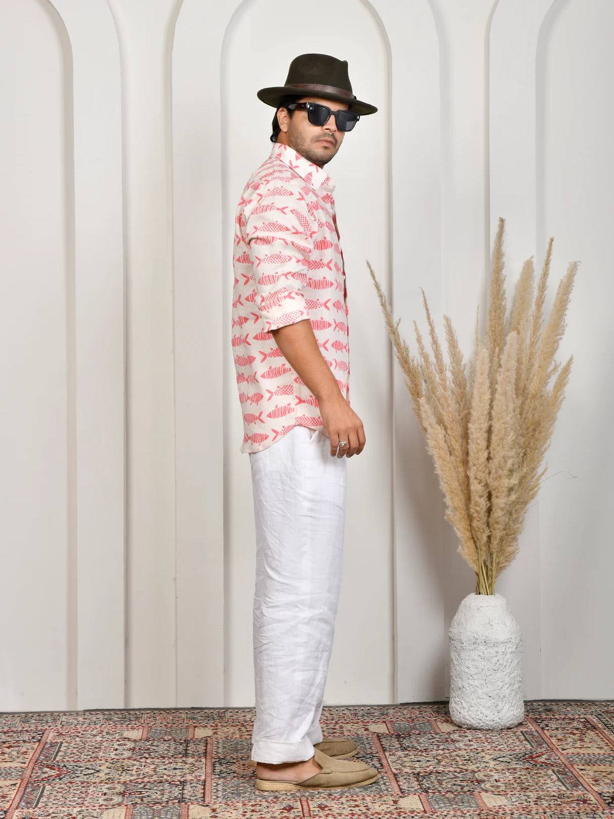 Fish Block Print White & Pink Pure Linen Shirt