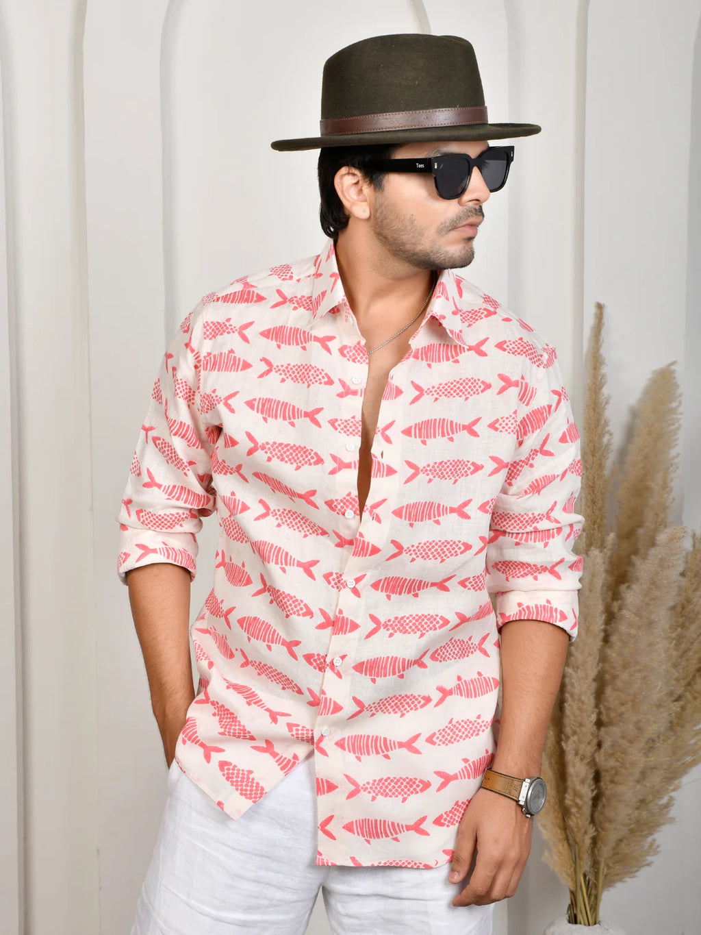 Fish Block Print White & Pink Pure Linen Shirt