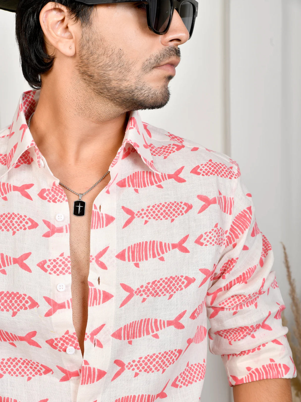 Fish Block Print White & Pink Pure Linen Shirt