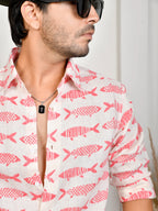 Fish Block Print White & Pink Pure Linen Shirt