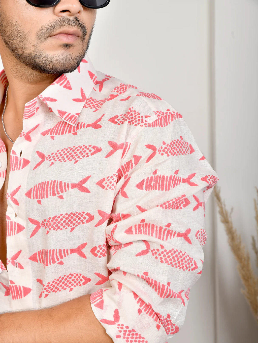 Fish Block Print White & Pink Pure Linen Shirt