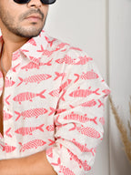 Fish Block Print White & Pink Pure Linen Shirt