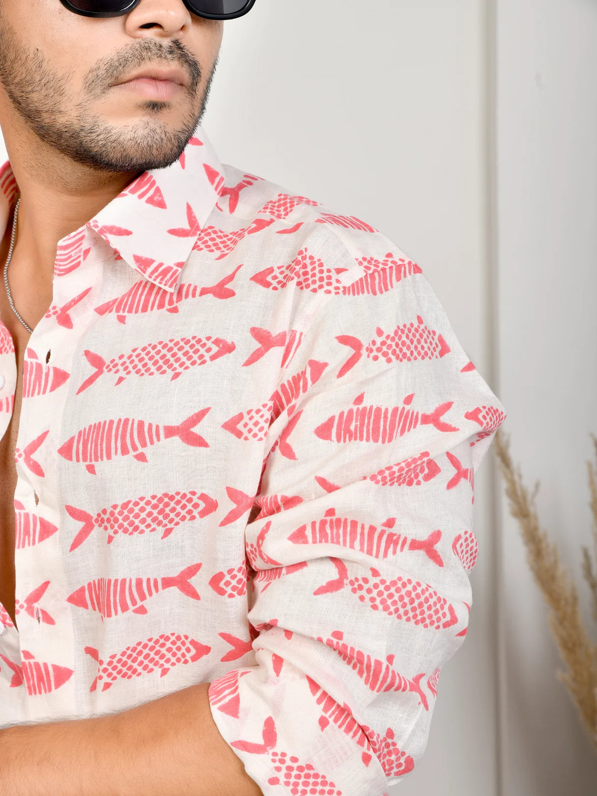 Fish Block Print White & Pink Pure Linen Shirt