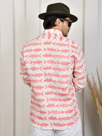 Fish Block Print White & Pink Pure Linen Shirt