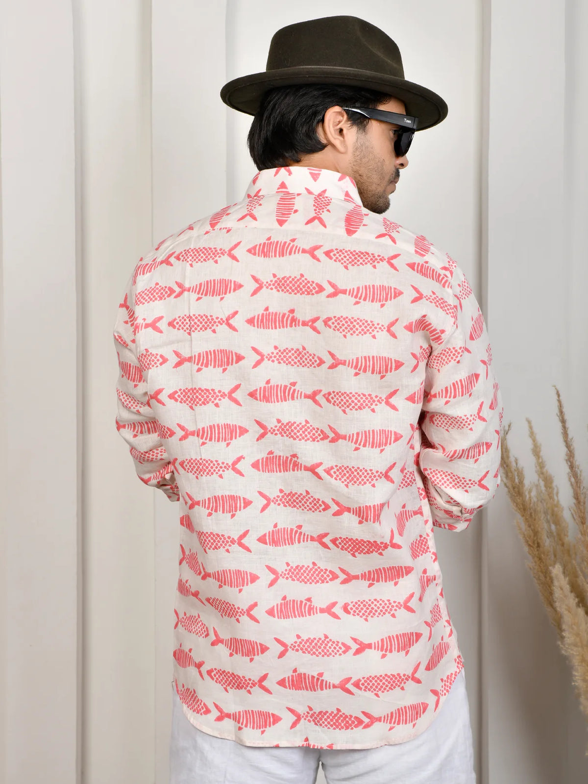 Fish Block Print White & Pink Pure Linen Shirt