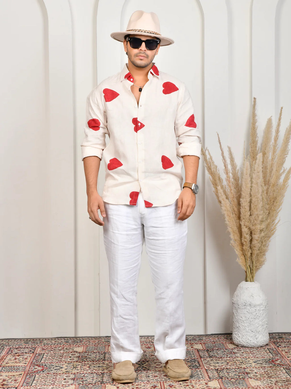 Heart Block Print Red Pure Linen Shirt