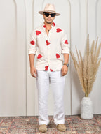 Heart Block Print Red Pure Linen Shirt
