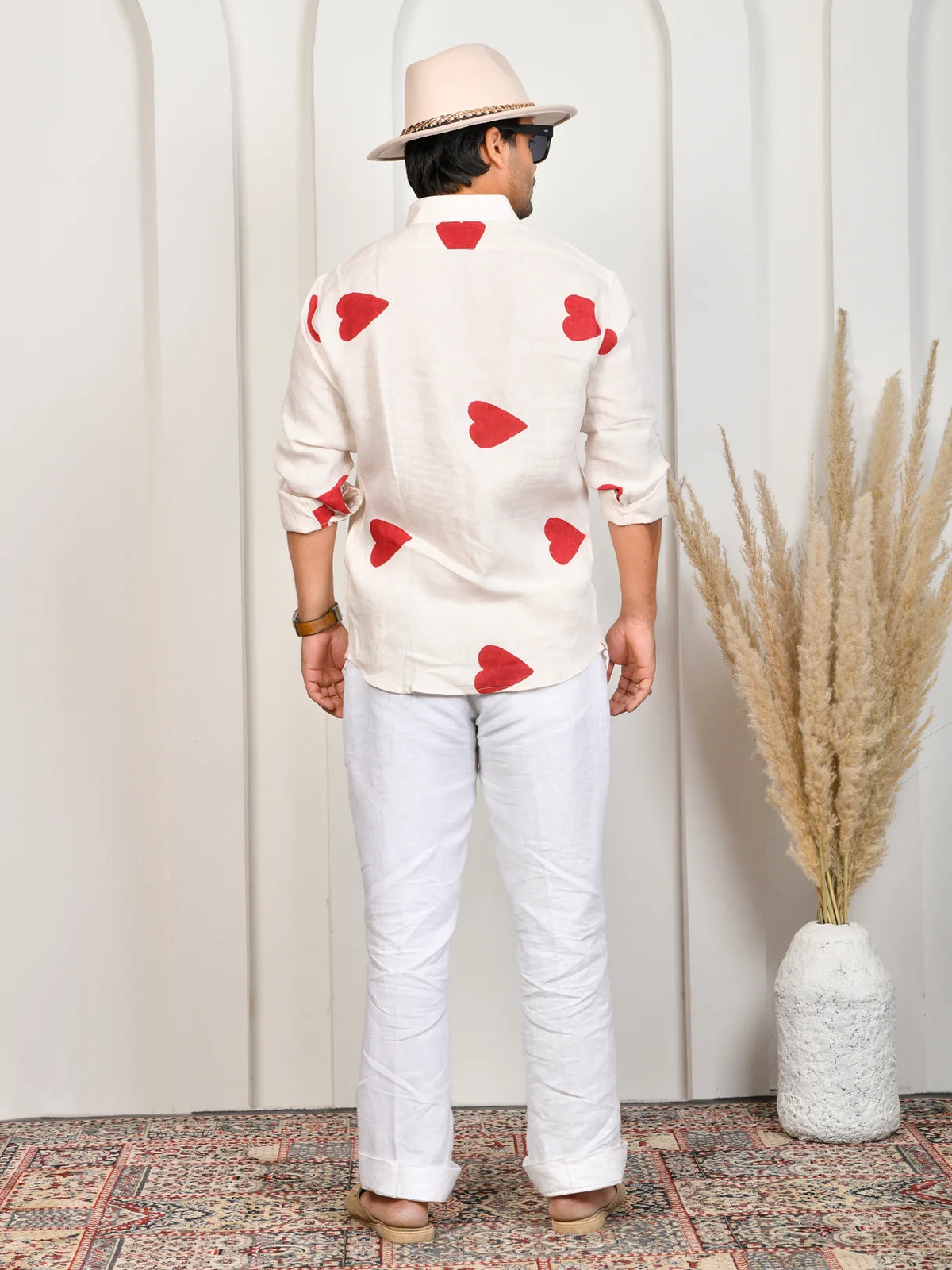 Heart Block Print Red Pure Linen Shirt