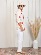 Heart Block Print Red Pure Linen Shirt