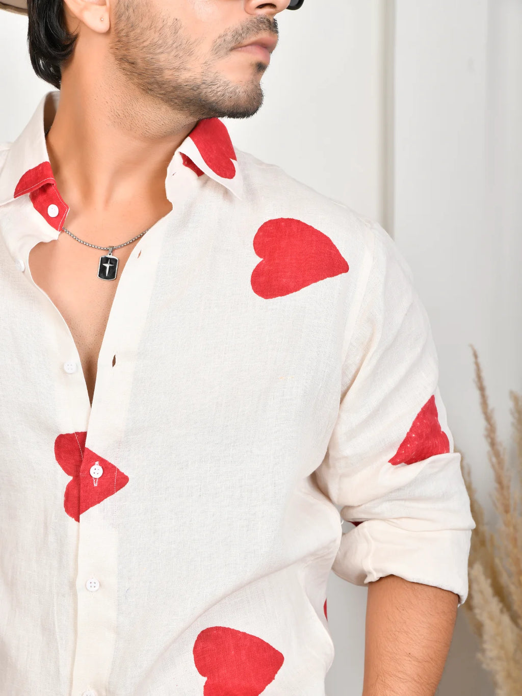 Heart Block Print Red Pure Linen Shirt