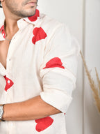 Heart Block Print Red Pure Linen Shirt
