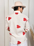 Heart Block Print Red Pure Linen Shirt