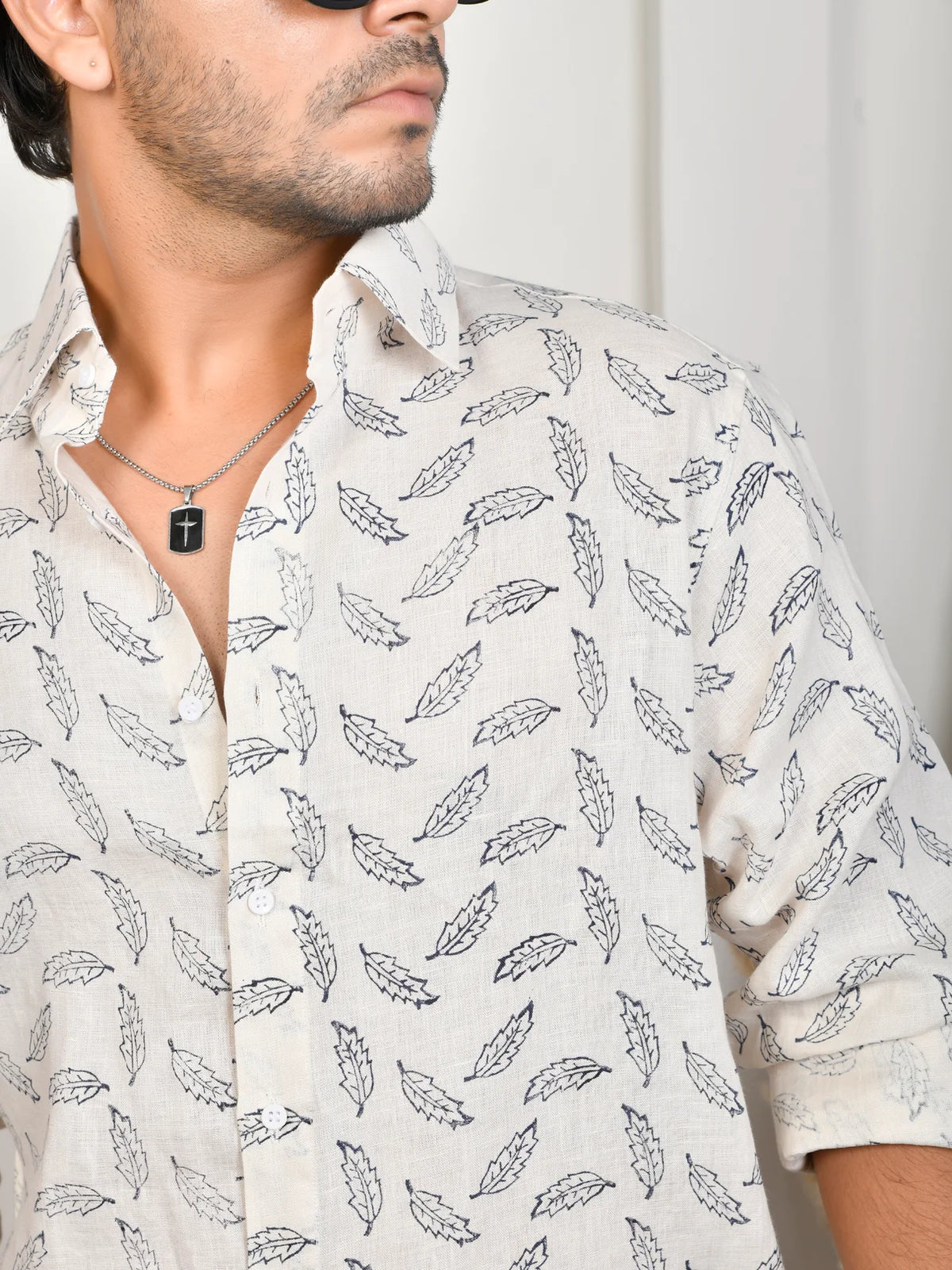 Block Print White Pure Linen Shirt