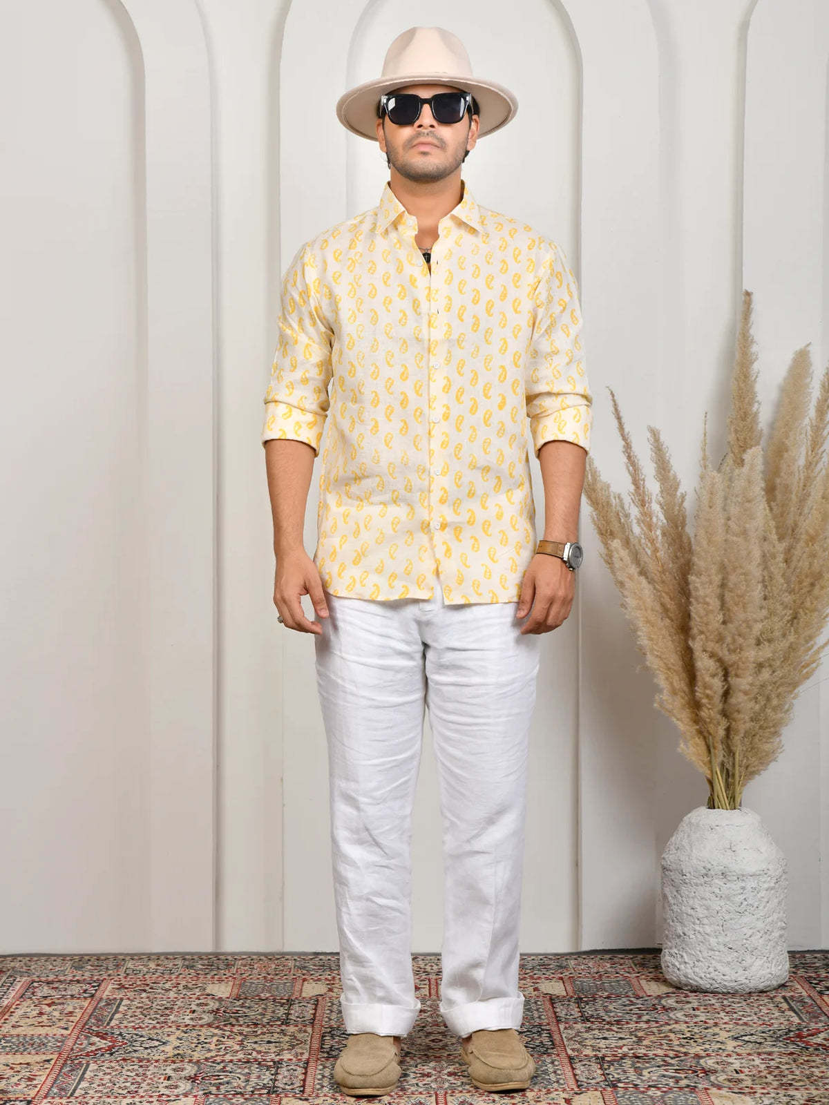 Block Print Yellow Pure Linen Shirt