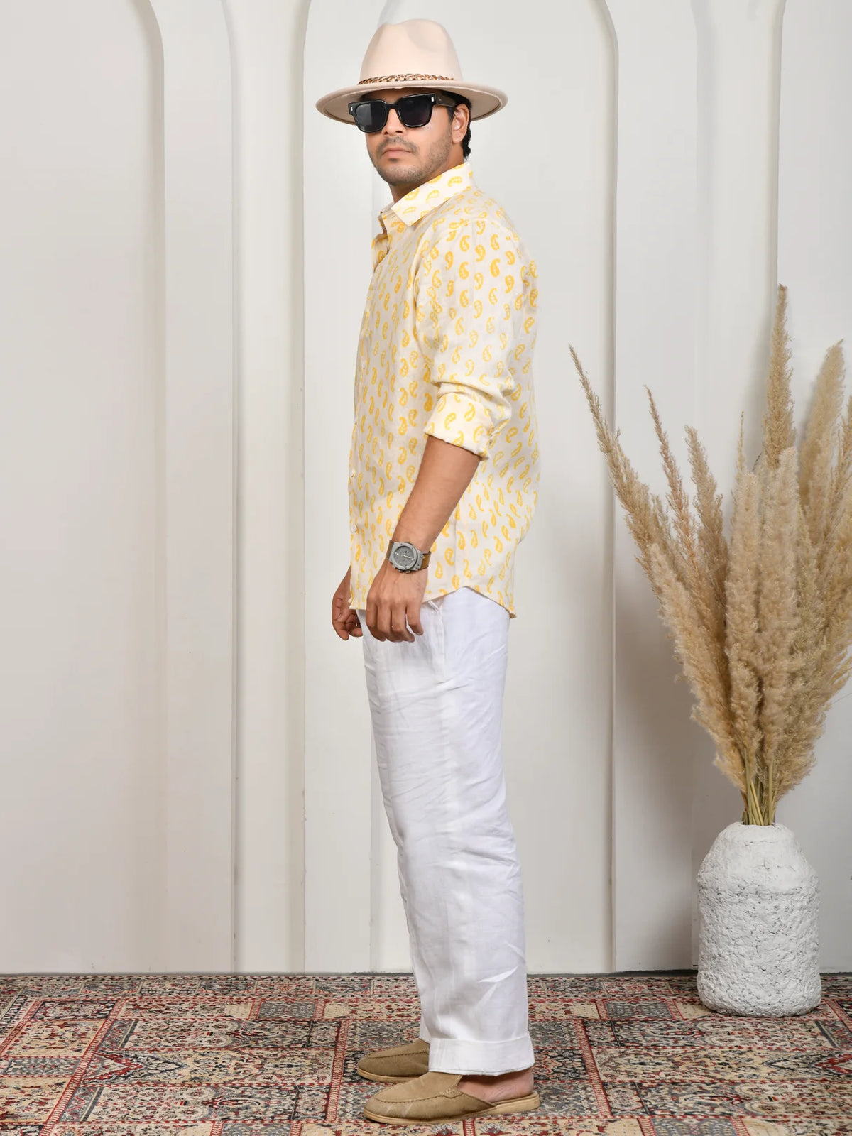 Block Print Yellow Pure Linen Shirt