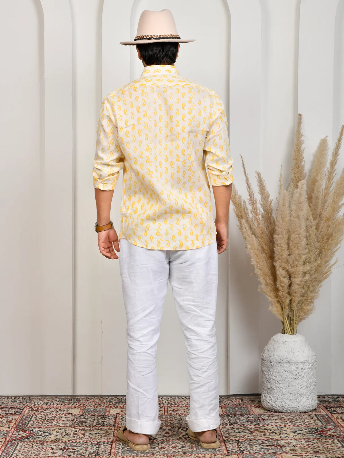 Block Print Yellow Pure Linen Shirt