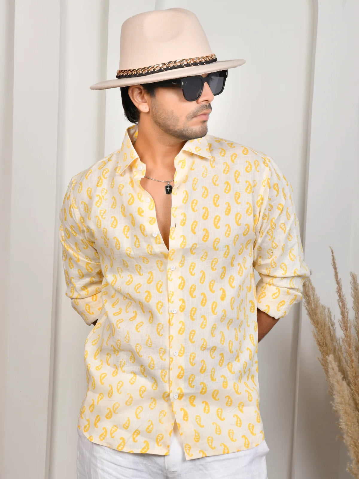 Block Print Yellow Pure Linen Shirt