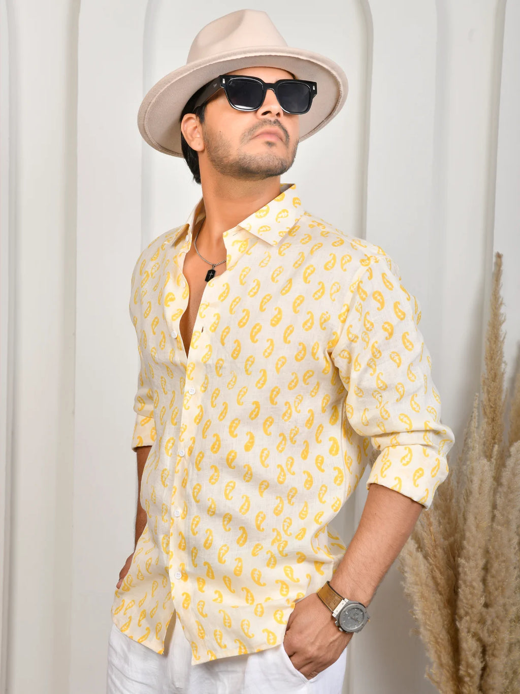 Block Print Yellow Pure Linen Shirt
