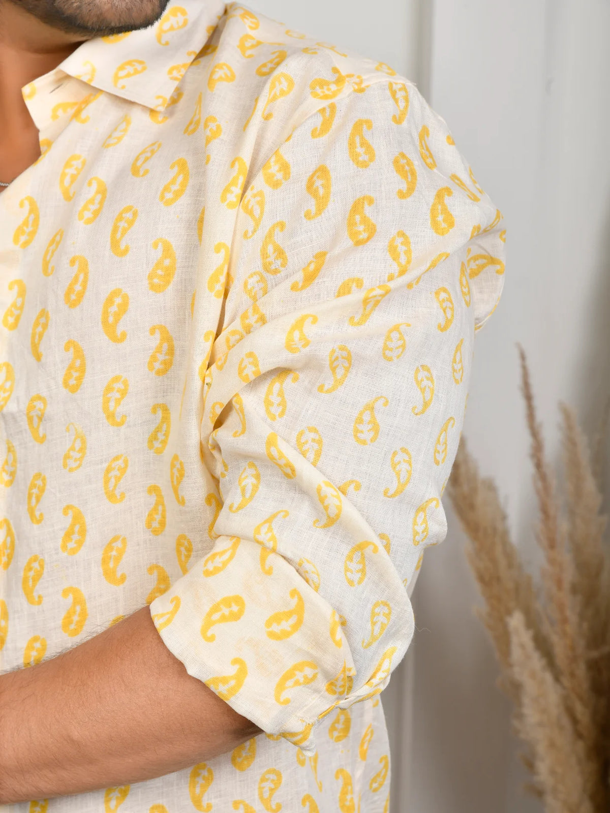 Block Print Yellow Pure Linen Shirt