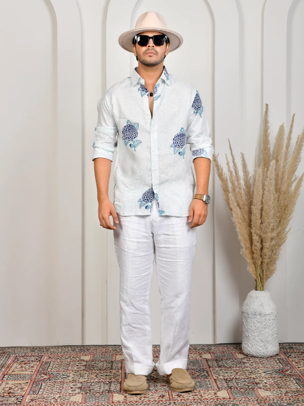 Floral Block Print Blue Pure Linen Shirt