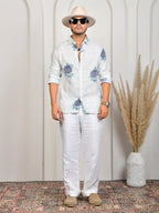 Floral Block Print Blue Pure Linen Shirt