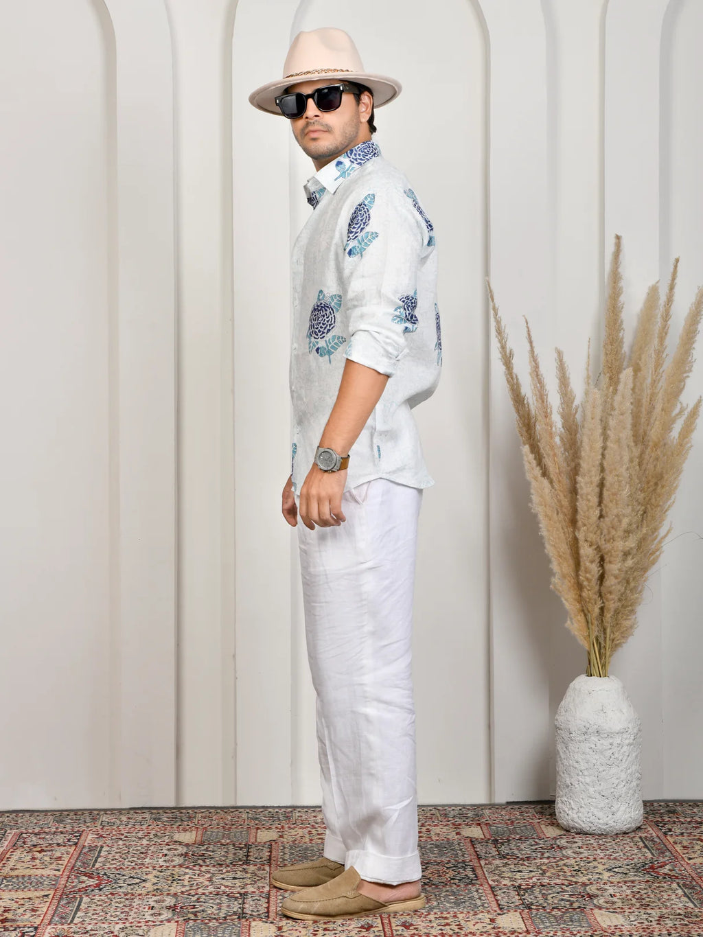 Floral Block Print Blue Pure Linen Shirt