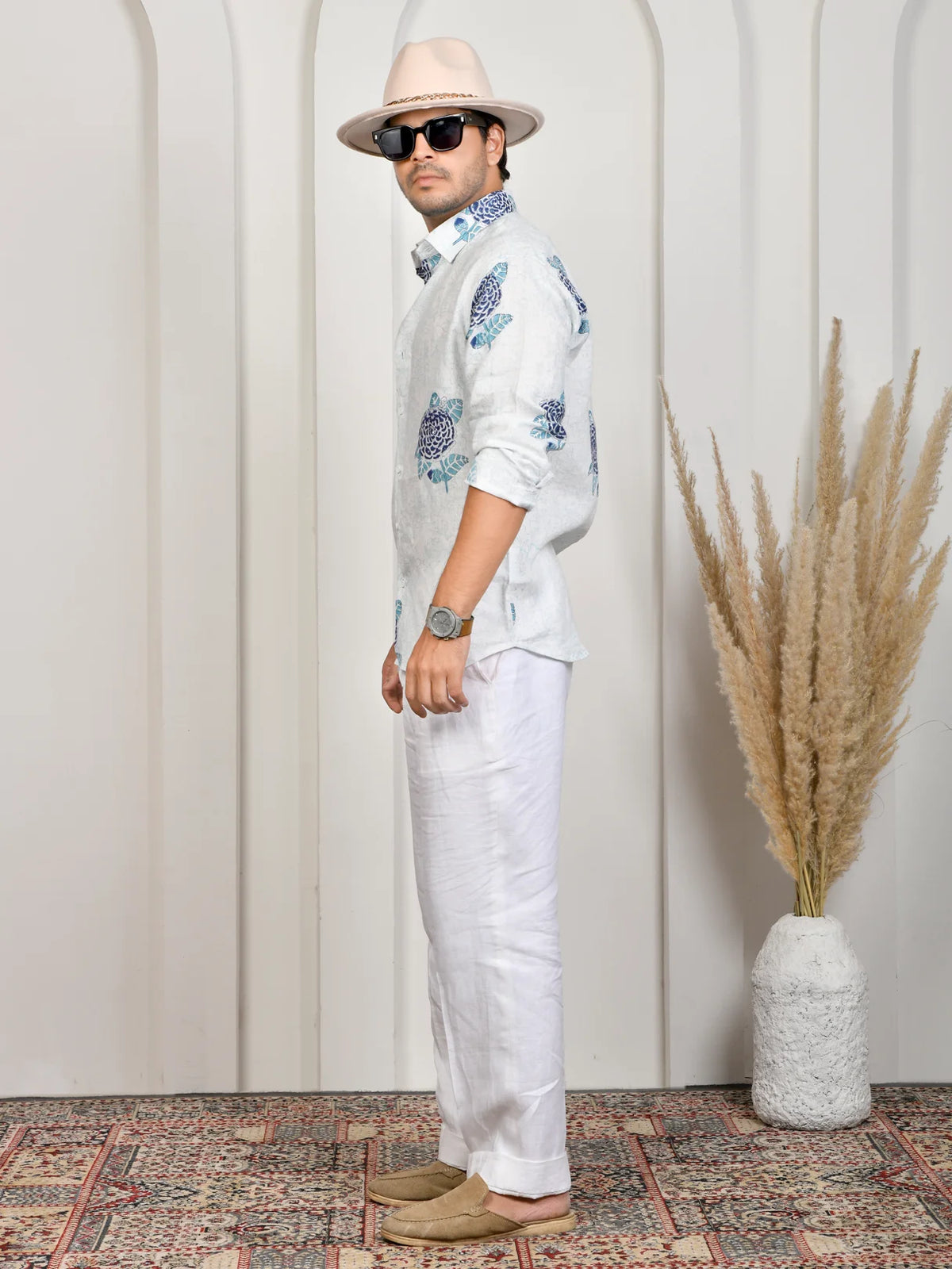 Floral Block Print Blue Pure Linen Shirt