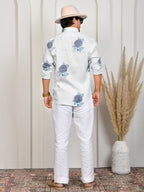 Floral Block Print Blue Pure Linen Shirt