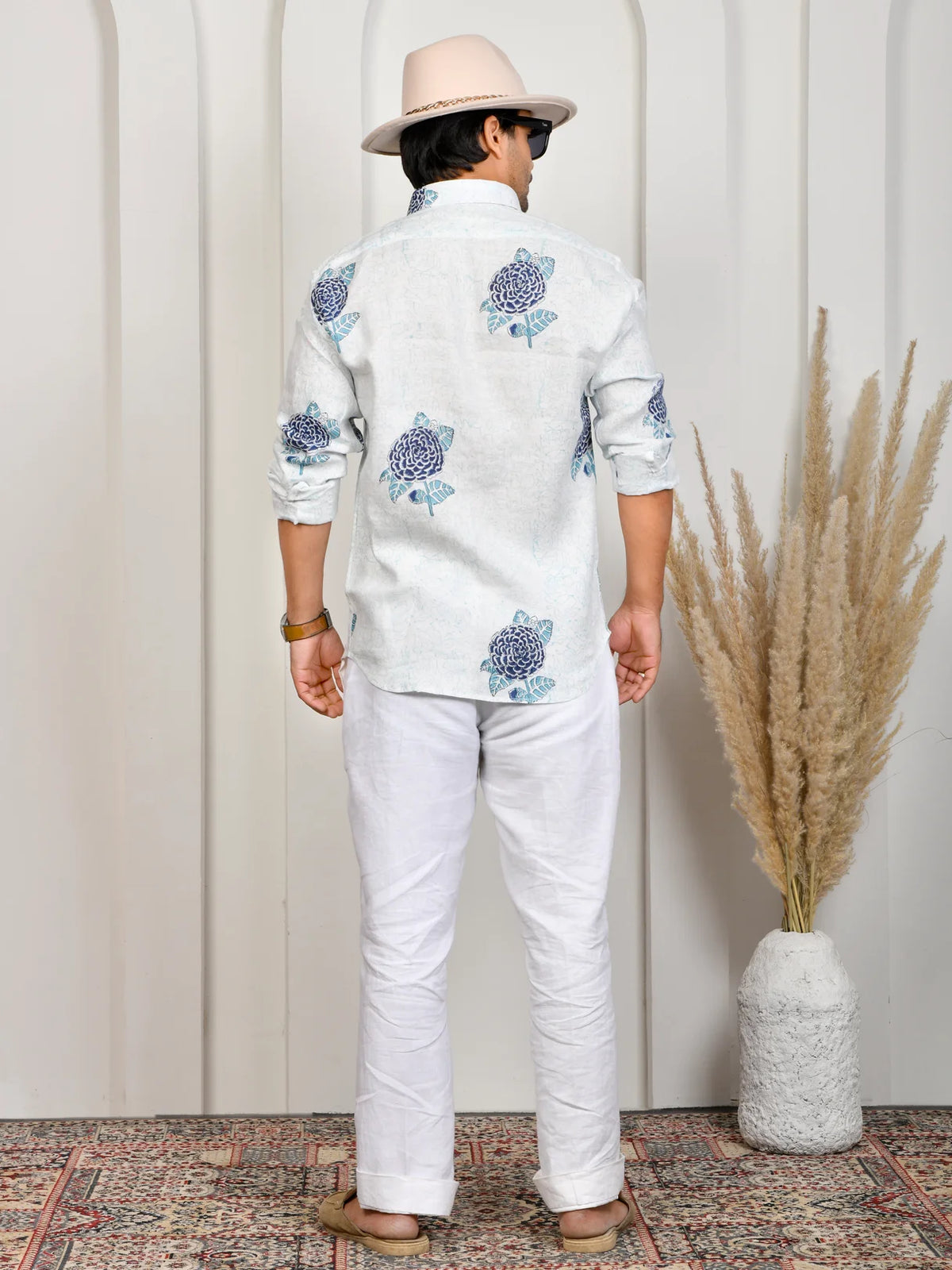 Floral Block Print Blue Pure Linen Shirt
